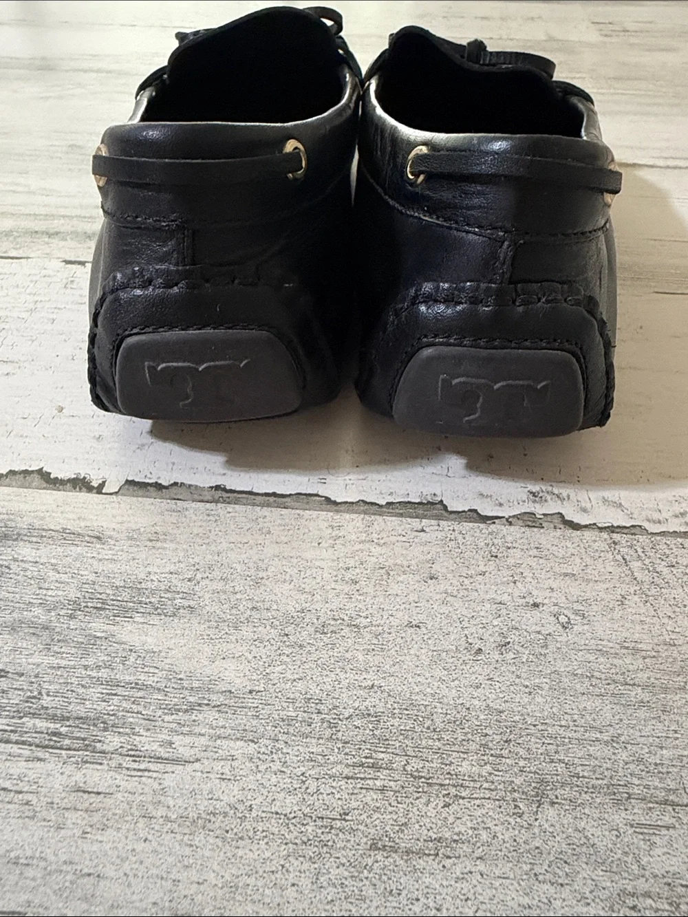 Tory Burch Black Leather Bow-Trim Driving Loafers with Gold Logo